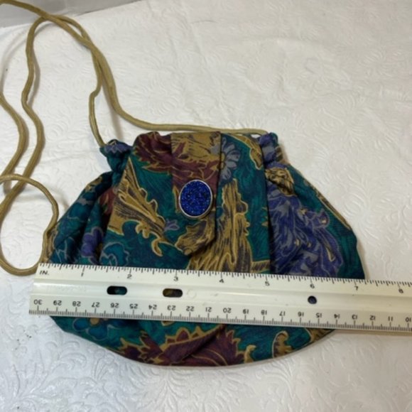 JT Beckett Handmade Tie Crossbody Purse w/Sparkling Blue Brooch Small 7.5"x6" - Picture 9 of 11